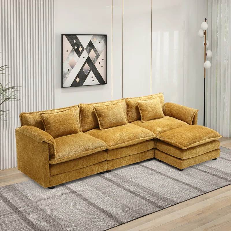 ( incomplete/ box 1 of 3) Valdo Reversible L-Shape Sectional Sofa, 4-Piece Modular Sectional with Double-Layer Seat & Ottoman Size: 33.46" H x 112.2" W x 55.51" D, Body Fabric: Yellow Chenille