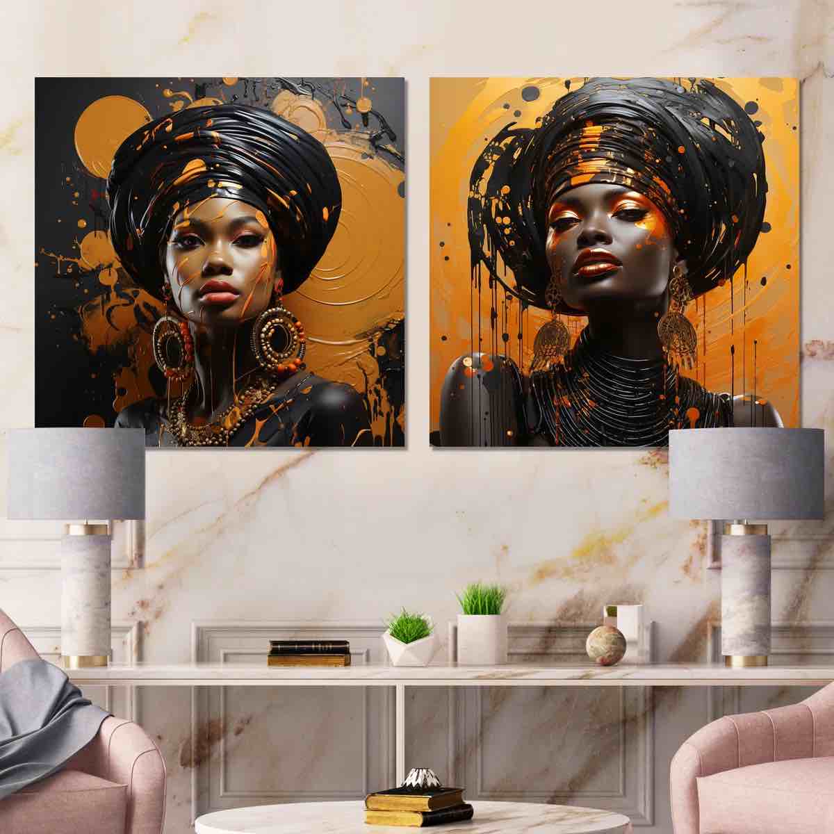 Gold And Black African Woman Radiance IV - Woman African American Metal Art Print Square Set Of 2( 30” x 30” inch) 