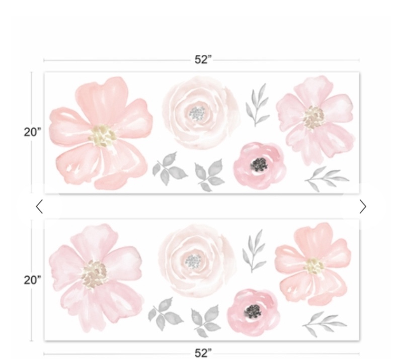 Watercolor Floral Pink And Grey Collection Large Wall Mural Decals Stickers - Set Of 4 Sheets