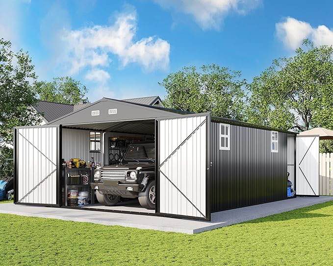( incomplete/ box 2 of 3) AMERLIFE 13.2x21x8 FT Outdoor Storage Shed, Huge Metal Garage Shed with 2 Double Hinged Doors and 4 Windows, Carport for Car, Truck, Bike, Garbage Can and Lawnmower, Dark Grey