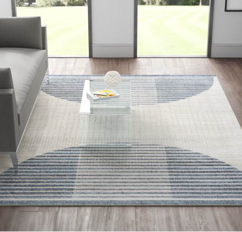 Aulika Machine Washable Geometric Ivory Blue Area Rug