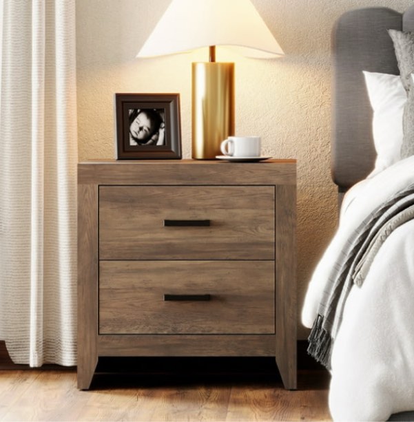 WAMPAT Farmhouse Nightstand with 2 Drawers, Wooden Bedside Table for Bedroom, Living Room, Rustic Brown