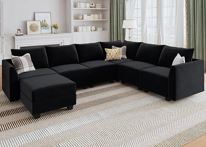 HONBAY Sectional Sofa Velvet U Shaped Couch with Storage Oversized Modular Sectional Sofa Couch for Living Room, Black