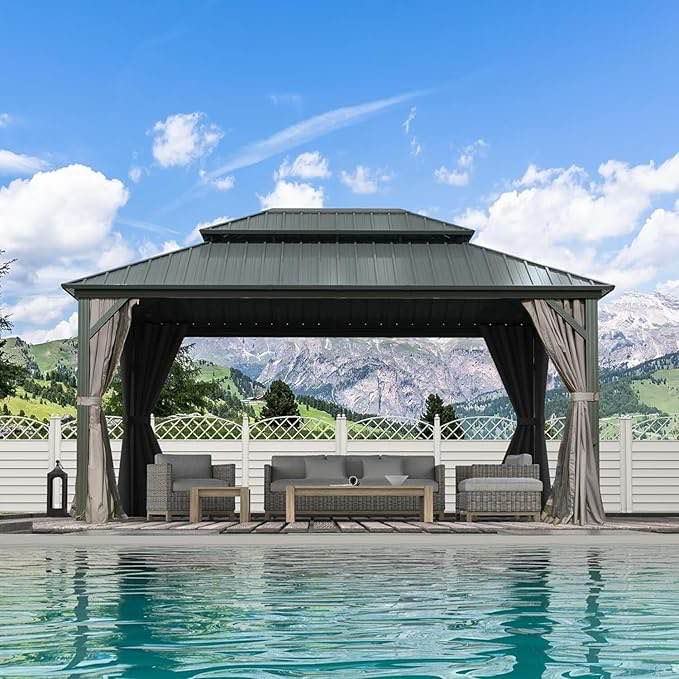 Outdoor Aluminum Galvanized Steel Hardtop Patio Gazebo with Netting & Curtains(incomplete box 1/2)