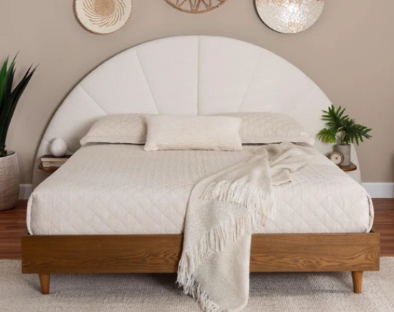 Bernice Japandi Cream Boucle And Walnut Brown Wood Bed Queen(incomplete box 1/3)