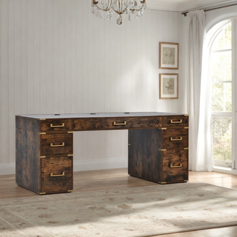 Classic Executive Desk Writing Desk with USB Ports, Hidden Compartment, and Outlets, 7 Drawers Including 2 File Cabinets