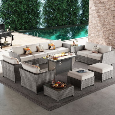 Cassville 8 - Person No Assembly Required Patio Furniture Set, Outdoor Wicker Rattan Sectional Seating Group with Cushions, All Weather Sofa Conversation Set with Optional Fire Pit Table for Garden Backyard(incomplete one armless chair one ottoman and one armchair only)