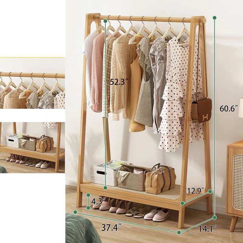 37.4'' Solid Wood Clothes Rack with 2 Storage Shelves