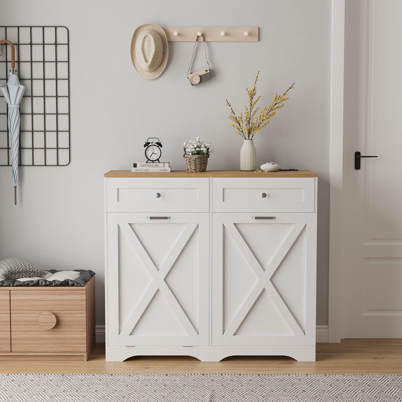 10 Gallon Tilt Out Trash Bin Cabinet with 2 Drawers Adjustable Shelves and Spice Rack, Kitchen Pantry Storage Cabinet with Garbage Bin Tilt Out Laundry Hamper for Kitchen, 39.4” W x 13.8” D x 35.2” H White