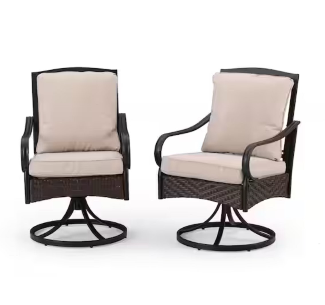 Swivel Rockers Metal and Wicker Outdoor Dining Chair with Beige Cushions (2-Pack)