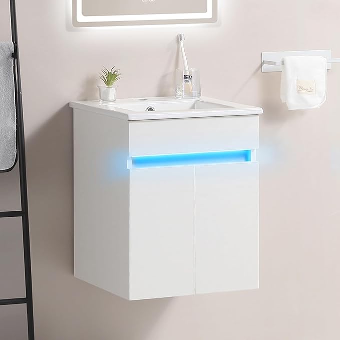 (incomplete only sink) 16" Bathroom Vanity With Sink,Radar Sensing Light,Large Space Storage For Small Space,Wall Mounted Bathroom Vanity Cabinet,White