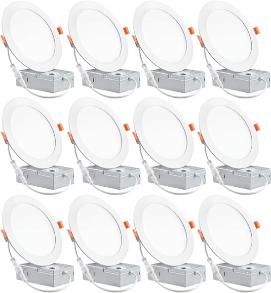 12 Pack recessed lighting 6 inch,led ceiling lights 6 inch with Junction Box, 6500K Daylight, 12W 110W Eqv, Canless Wafer Downlight, 1050LM High Brightness ,Easy to install Can-Killer Downlight