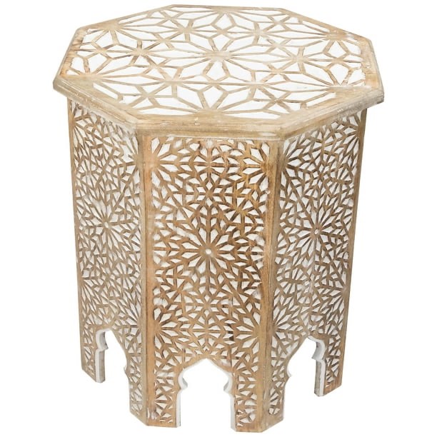 35690077 24 in. Carved Octagonal Side Table, Antique Brushed White