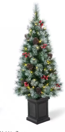 4 ft. Pre-Lit Pine Artificial Christmas Porch Tree with 80 Warm White Lights, Pine Cones and Red Berries 