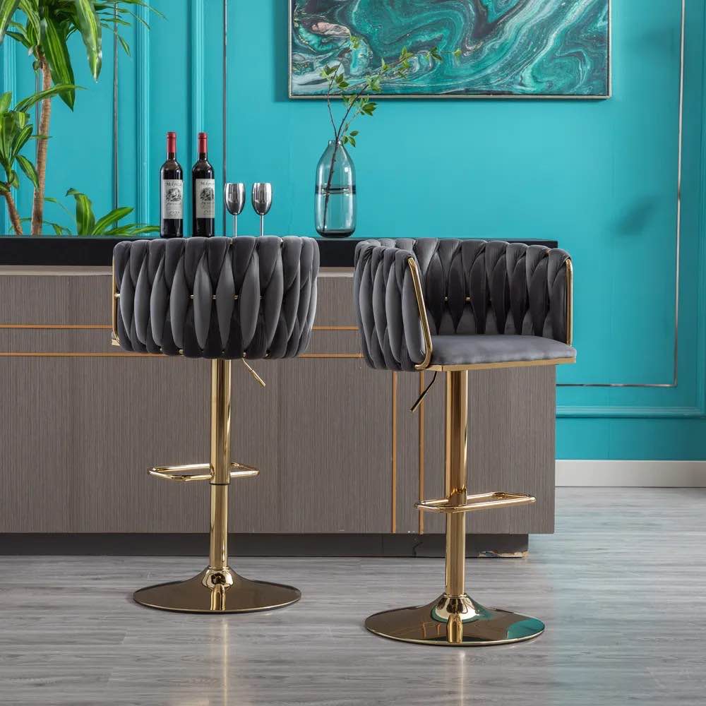 Set of 2 Grey Velvet Adjustable Bar Stools with Golden Base – Modern Design, Swivel, Height Adjustable