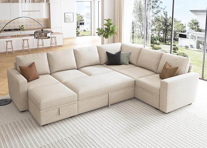 (similar, incomplete,only 1 box)Modular Sectional Sleeper Sofa with Pull Out Bed, U Shaped Sectional Couch with Storage Ottoman, Sleeper Sectional Couches for Living Room, Beige