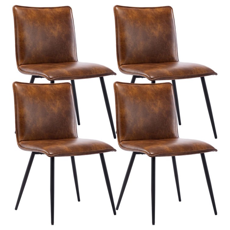 keava 19" wide modern farmhouse dining side chair in distressed leather with natural shading leg color: black, upholstery color: yellowish brown