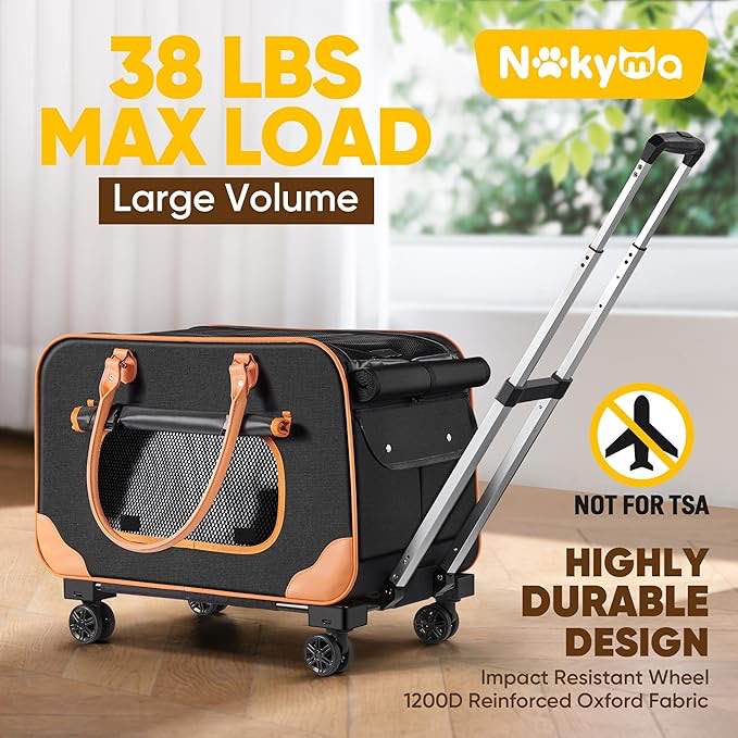 Large Cat Carrier with Wheels, Rolling Cat Carrier, 24.5"x 13.8"x 15.4" Pet Carrier with Wheels for Large Cats Small Dogs up to 38 LBS, Ideal for Travel, Walking and Camping(NOT for TSA