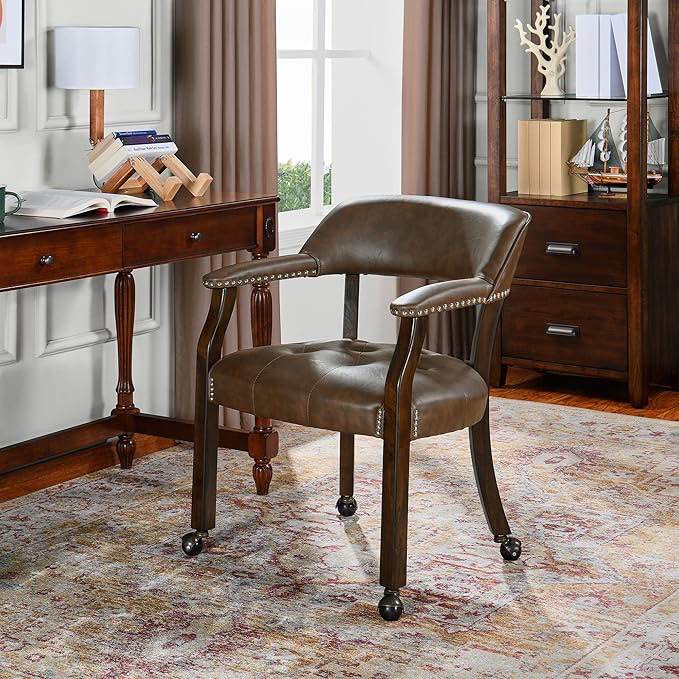 Swivel Tufted Dining Chairs With Casters And Arms Upholstery Color: Dark Brown, Leg Color: Brown Wood