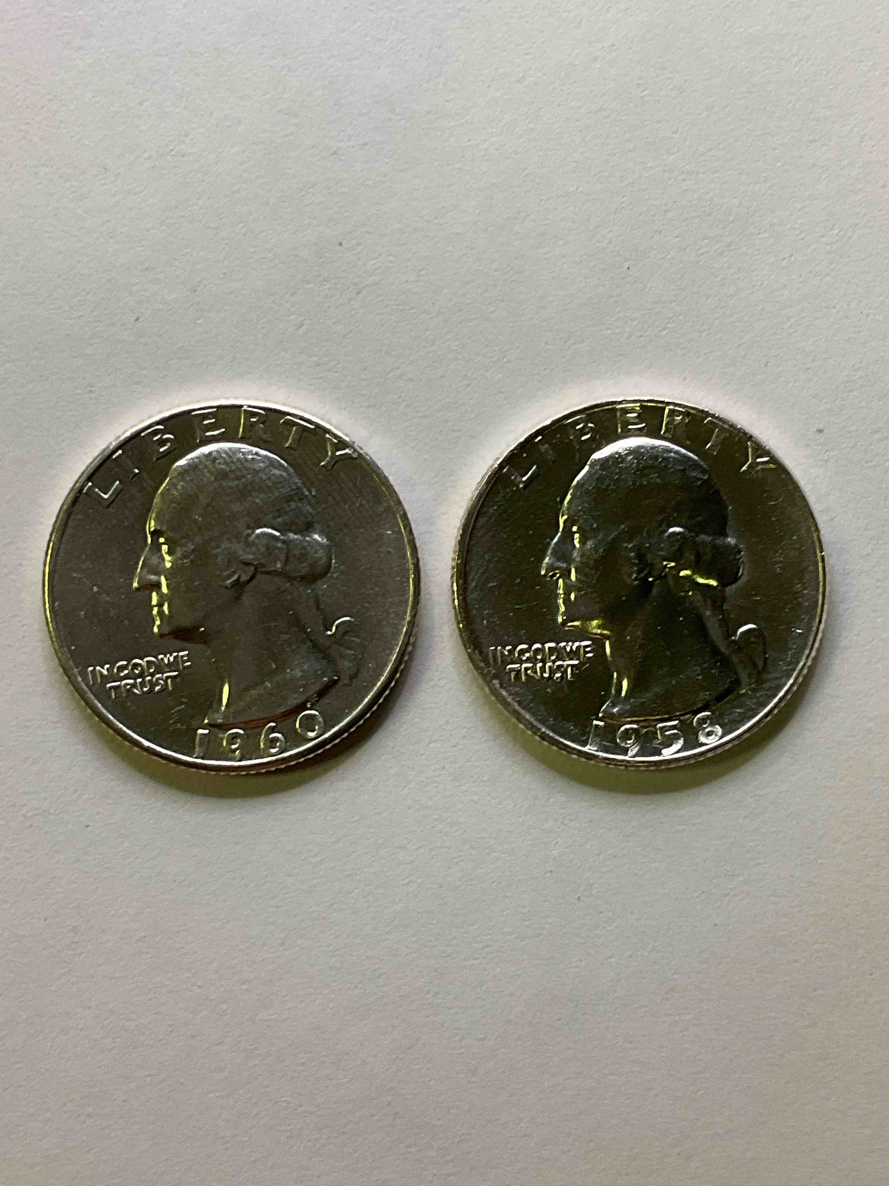 George Washington Uncirculated Silver! Pre 1965 U.S. Quarter Dollar Coins Were Actually Silver, Here Are two Great Examples Of Awesome, Pristine George Washington Silver Quarters, Stunning & Uncirculated! Rare 1958 Mint & 1960! Great For Investing In Precious Metals! These Coins Were Minted At 90% Silver and 10% Copper, Giving Them A Net Weight Of 18084 Ounces Of Pure Silver Per Coin! Very Hard To Find Uncirculated, Stunning! Invest In Fine U.S. Silver!