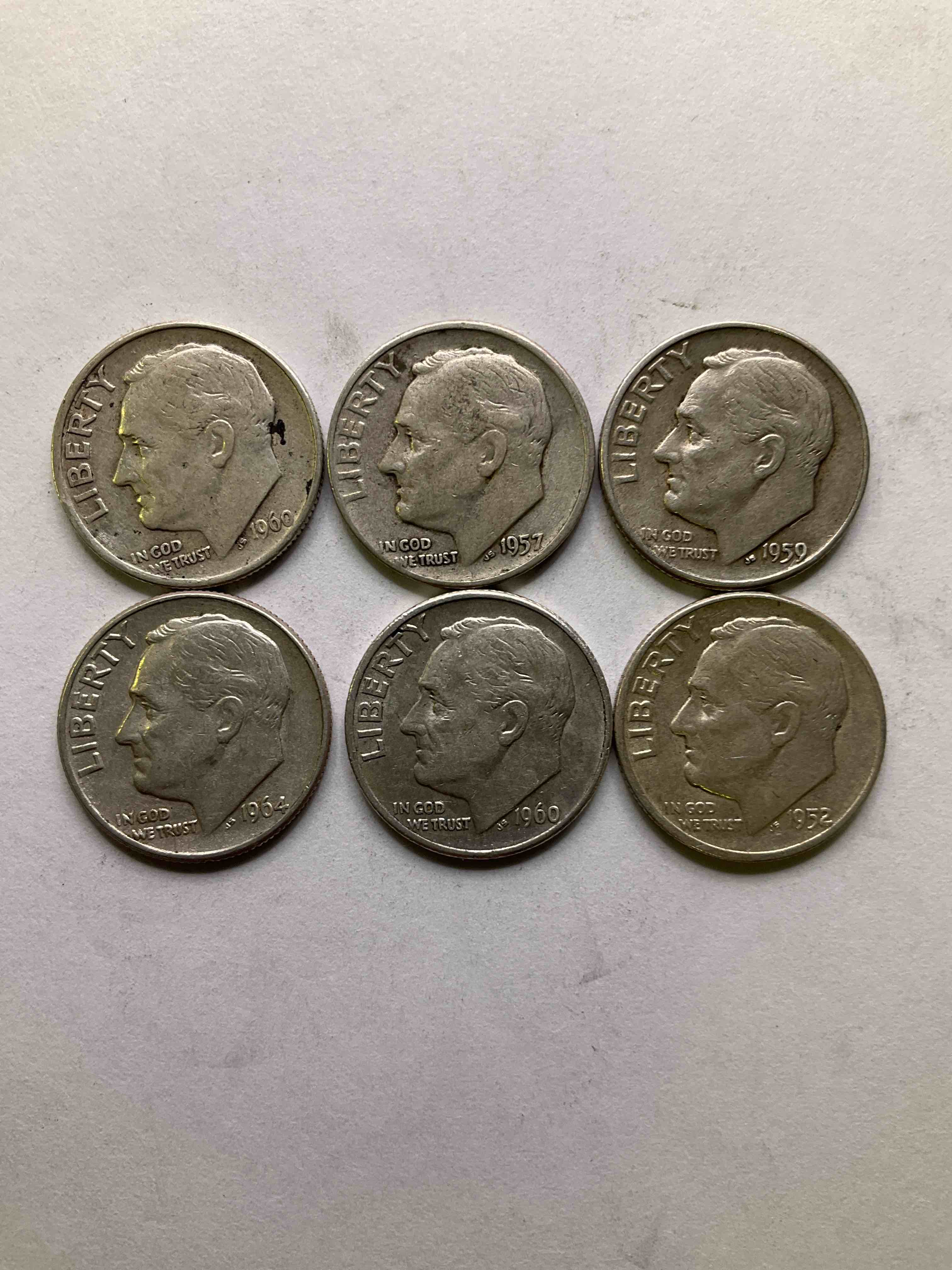 Antique U.S. Pure Fine Silver Roosevelt Dimes! Did You Know That Pre 1965 Roosevelt Dimes Are 90% Silver? Roosevelt Dimes Were First Minted In 1945 Upon The Death Of President Roosevelt, & Were Minted In Fine U.S. Silver Until 1965. Check Out These Awesome Examples, All In Nice, Circulated Condition With Visible Dates & Varying Pre 1965 Years! Rare To Have Visible Dates! Makes For A Great Investment In Precious Metals, Roosevelt Dimes Are 90% Pure Fine Silver! They Don't Make Em' Like This Anymore!