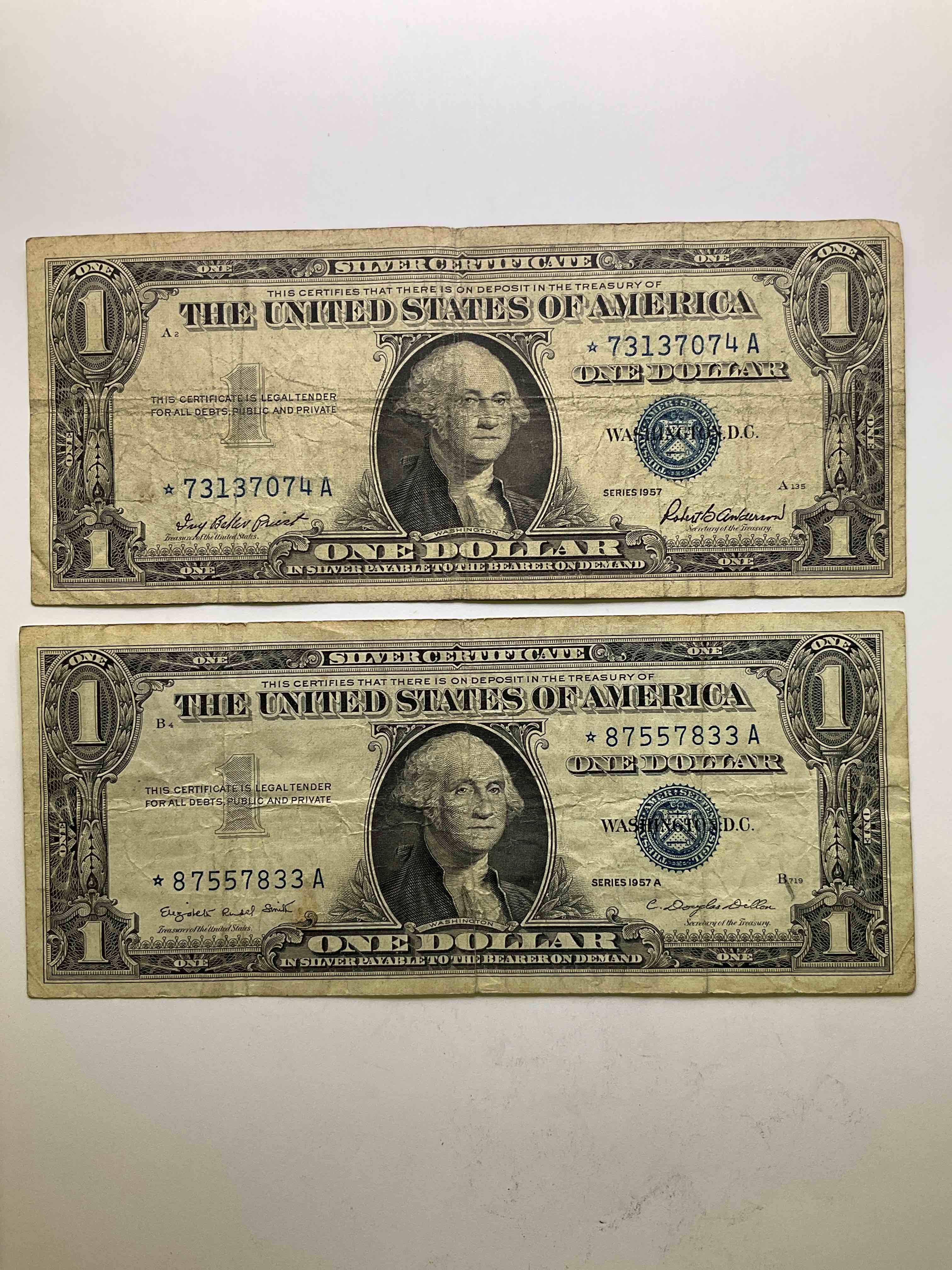 1957 Silver Certificates! Did You Know That Prior To 1964 One Dollar U.S. Paper Money Was Actually Redeemable For Silver Dollars?! Wow How Times Have Changed! Silver Certificates Were Produced From 1878 To 1964 & Are Still Considered Legal Tender At Face Value. Here Are Gorgeous, Circulated 1957 U.S. One Dollar Silver Certificates, With Highly Collectible "Blue Seal!" Own An Awesome Piece Of History!