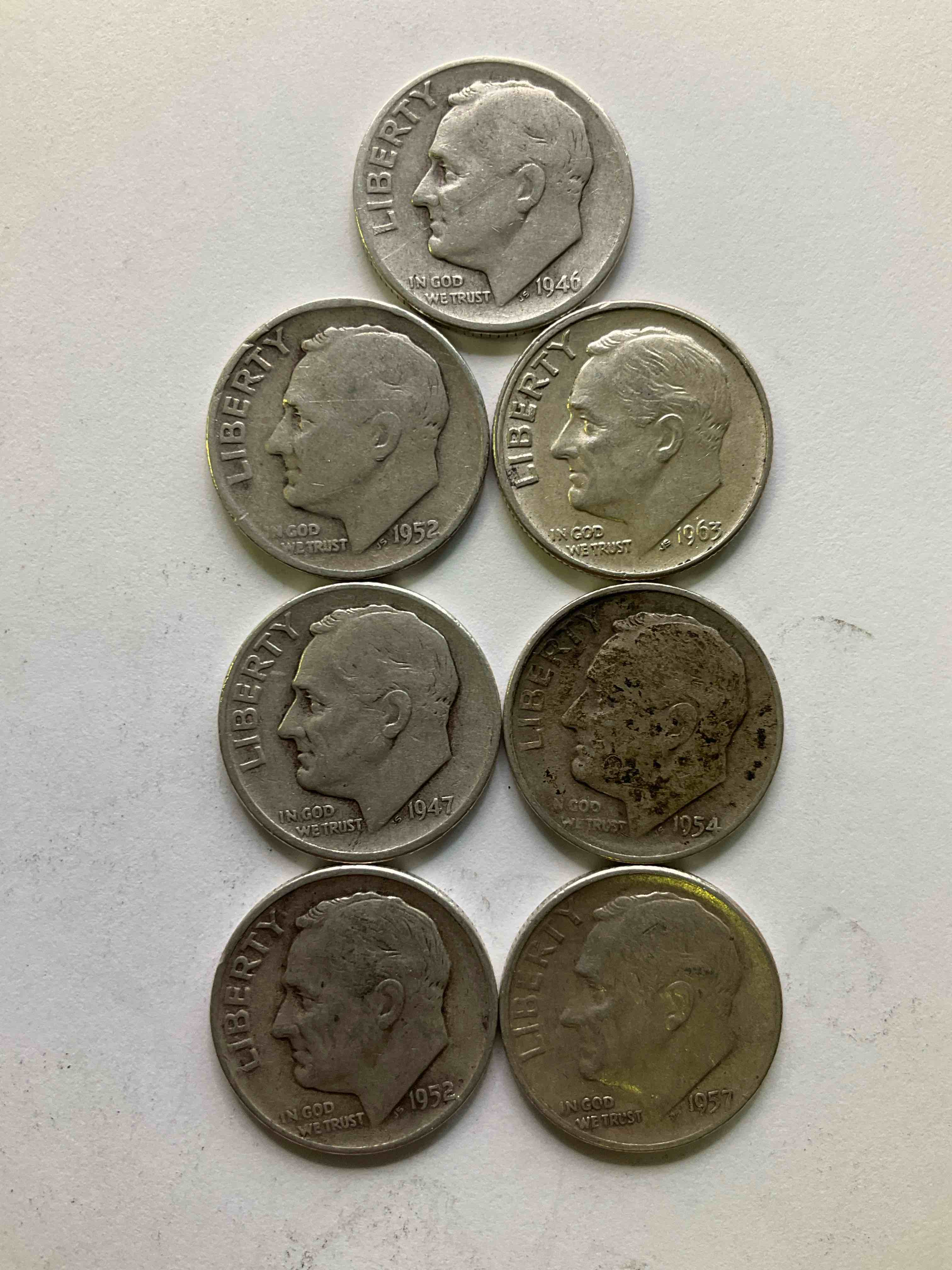 Antique U.S. Pure Fine Silver Roosevelt Dimes! Did You Know That Pre 1965 Roosevelt Dimes Are 90% Silver? Roosevelt Dimes Were First Minted In 1945 Upon The Death Of President Roosevelt, & Were Minted In Fine U.S. Silver Until 1965. Check Out These Awesome Examples, All In Nice, Circulated Condition With Visible Dates & Varying Pre 1965 Years! Rare To Have Visible Dates! Makes For A Great Investment In Precious Metals, Roosevelt Dimes Are 90% Pure Fine Silver! They Don't Make Em' Like This Anymore!