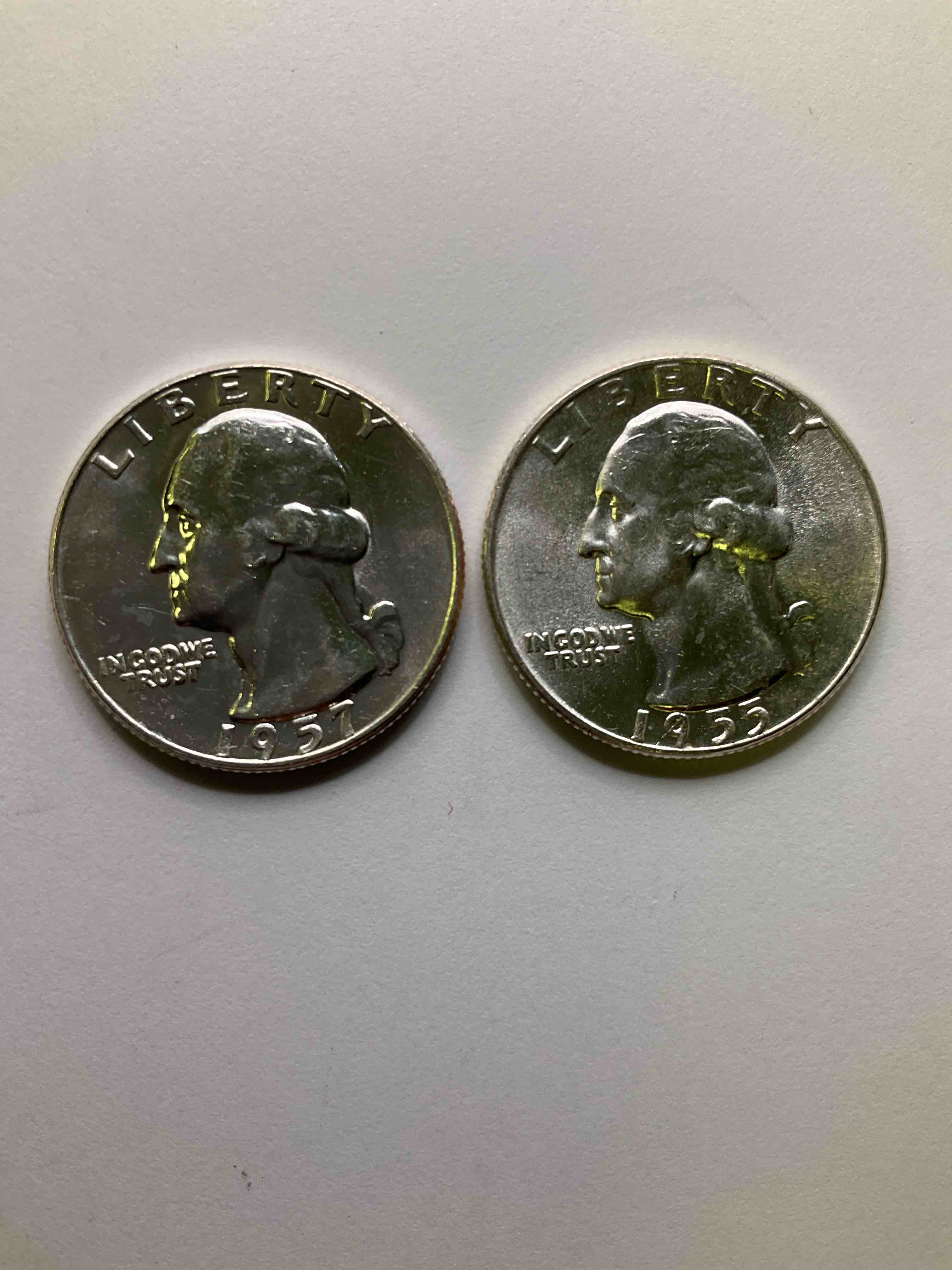 George Washington Uncirculated Silver! Pre 1965 U.S. Quarter Dollar Coins Were Actually Silver, Here Are two Great Examples Of Awesome, Pristine George Washington Silver Quarters, Stunning & Uncirculated! Rare 1955 Mint & 1957! Great For Investing In Precious Metals! These Coins Were Minted At 90% Silver and 10% Copper, Giving Them A Net Weight Of .18084 Ounces Of Pure Silver Per Coin! Very Hard To Find Uncirculated, Stunning! Invest In Fine U.S. Silver!