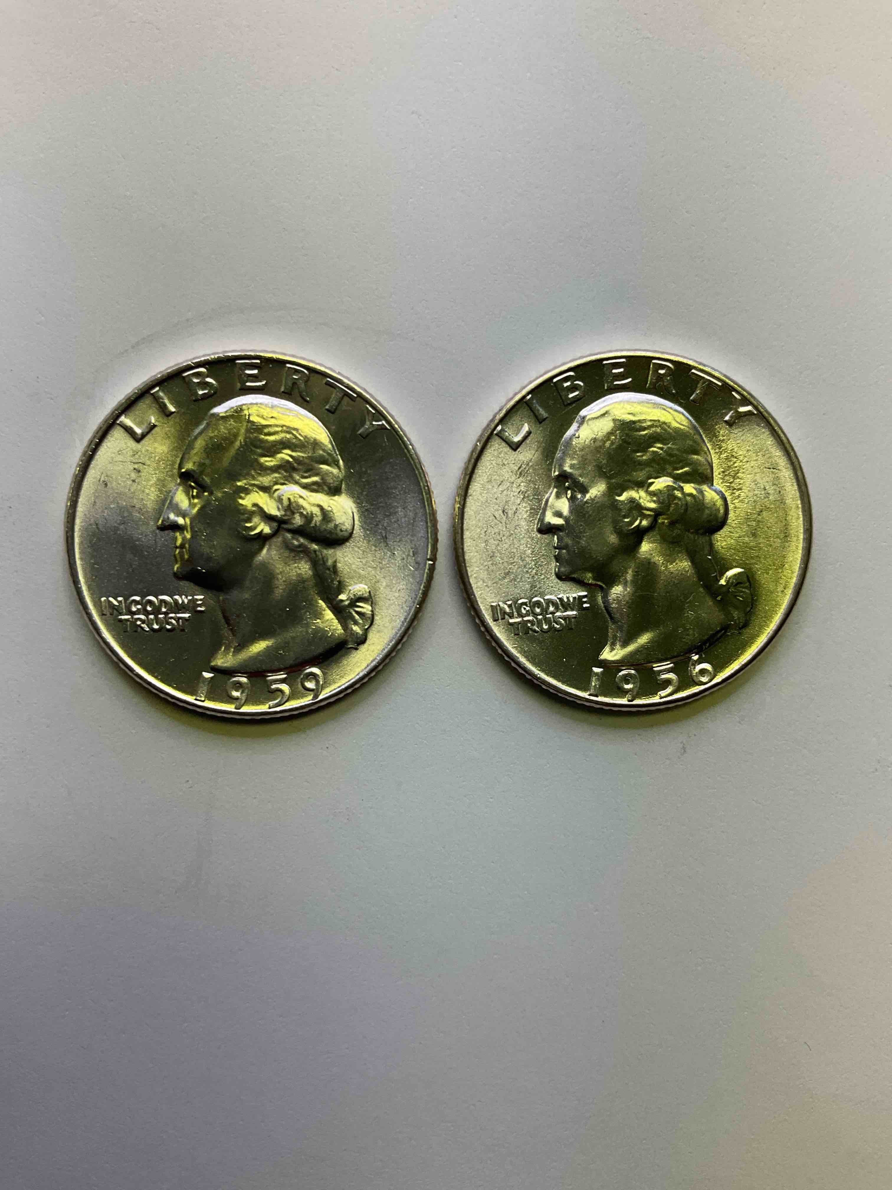 George Washington Uncirculated Silver! Pre 1965 U.S. Quarter Dollar Coins Were Actually Silver, Here Are two Great Examples Of Awesome, Pristine George Washington Silver® Quarters, Stunning & Uncirculated! Rare 1956 Mint & 1959! Great For Investing In Precious Metals! These Coins Were Minted At 90% Silver and 10% Copper, Giving Them A Net Weight Of .18084 Ounces Of Pure Silver Per Coin! Very Hard To Find Uncirculated, Stunning! Invest In Fine U.S. Silver!