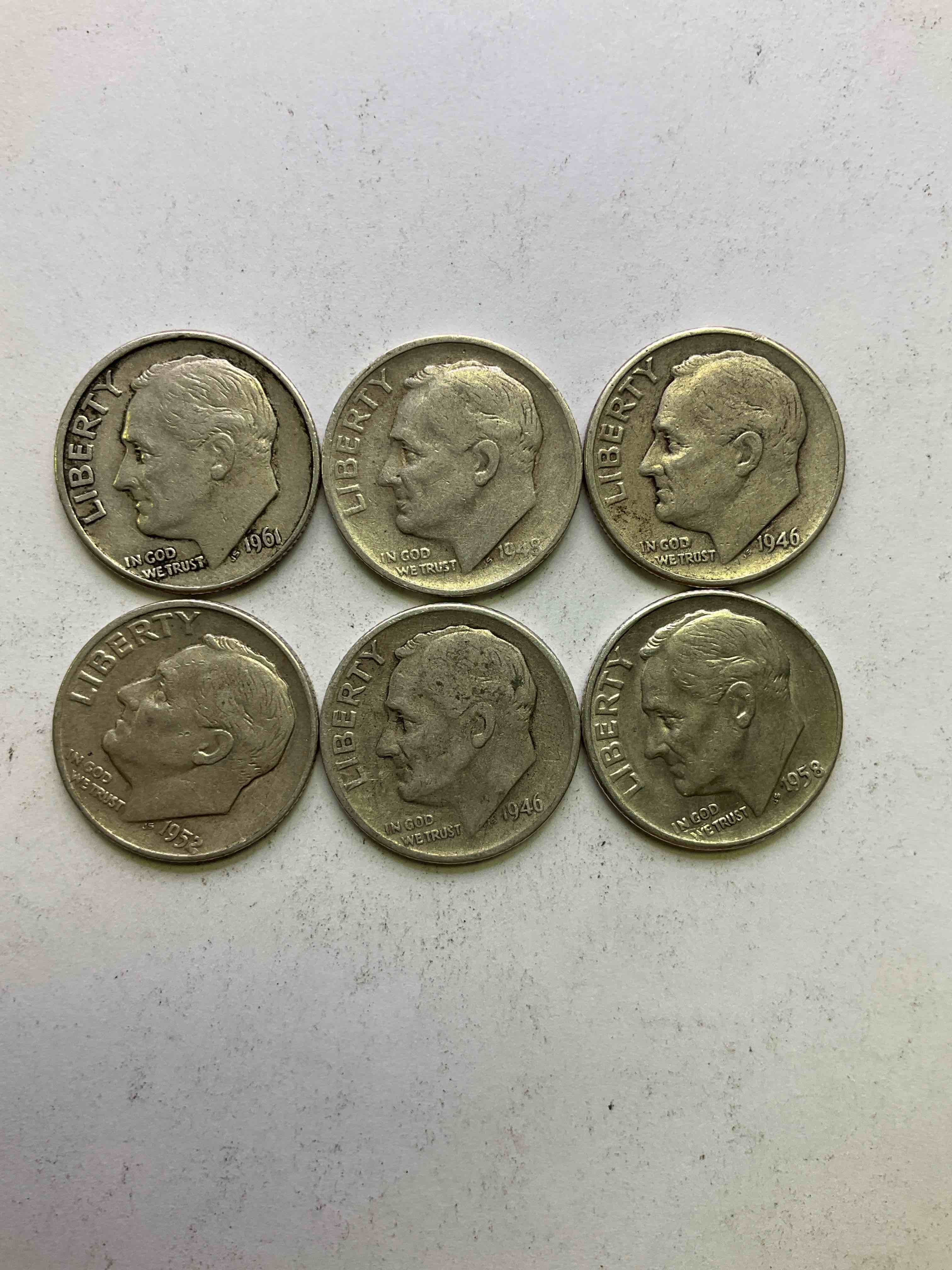 Antique U.S. Pure Fine Silver Roosevelt Dimes! Did You Know That Pre 1965 Roosevelt Dimes Are 90% Silver? Roosevelt Dimes Were First Minted In 1945 Upon The Death Of President Roosevelt, & Were Minted In Fine U.S. Silver Until 1965. Check Out These Awesome Examples, All In Nice, Circulated Condition With Visible Dates & Varying Pre 1965 Years! Rare To Have Visible Dates! Makes For A Great Investment In Precious Metals, Roosevelt Dimes Are 90% Pure Fine Silver! They Don't Make Em' Like This Anymore!