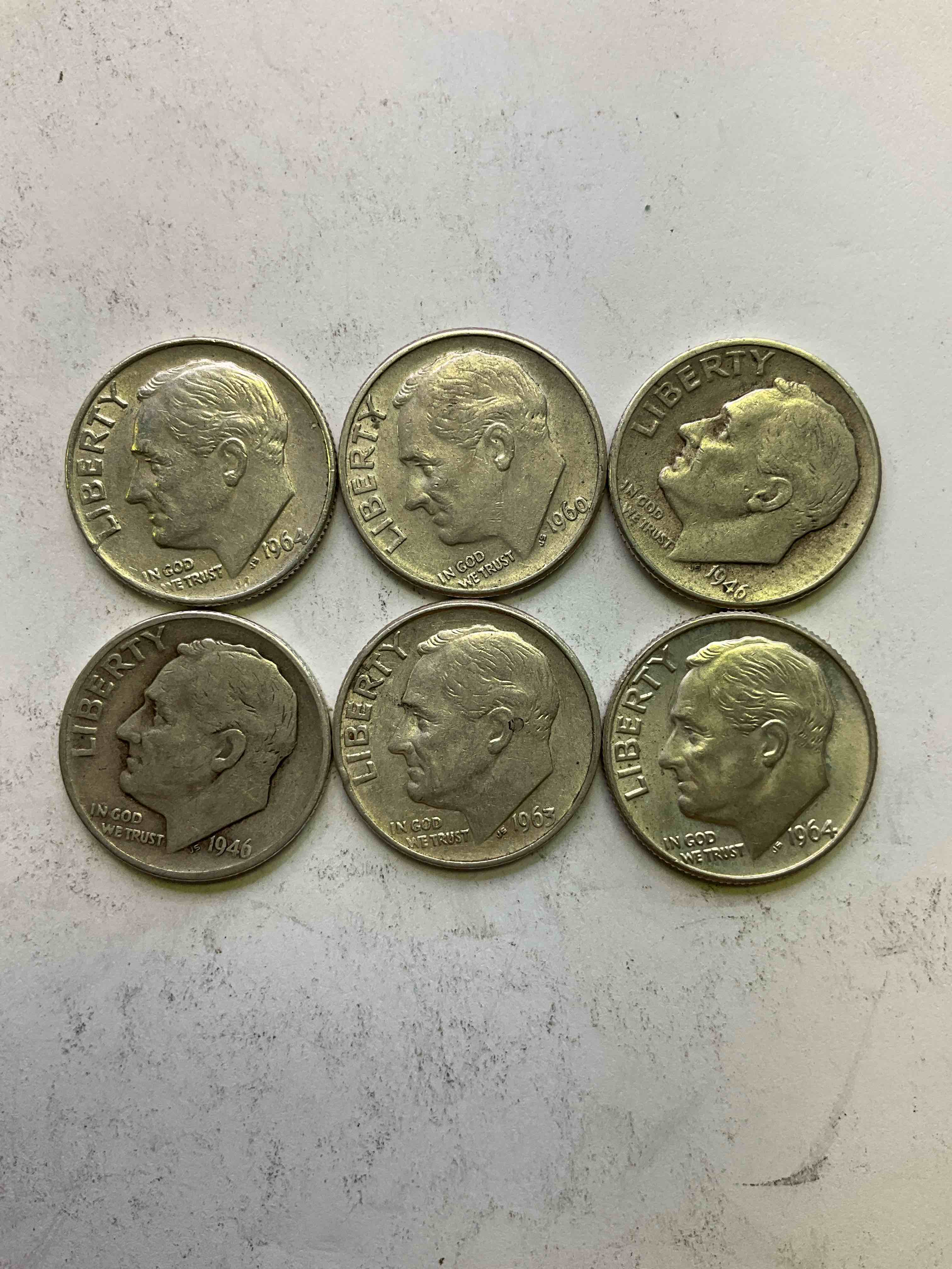 Antique U.S. Pure Fine Silver Roosevelt Dimes! Did You Know That Pre 1965 Roosevelt Dimes Are 90% Silver? Roosevelt Dimes Were First Minted In 1945 Upon The Death Of President Roosevelt, & Were Minted In Fine U.S. Silver Until 1965. Check Out These Awesome Examples, All In Nice, Circulated Condition With Visible Dates & Varying Pre 1965 Years! Rare To Have Visible Dates! Makes For A Great Investment In Precious Metals, Roosevelt Dimes Are 90% Pure Fine Silver! They Don't Make Em' Like This Anymore!