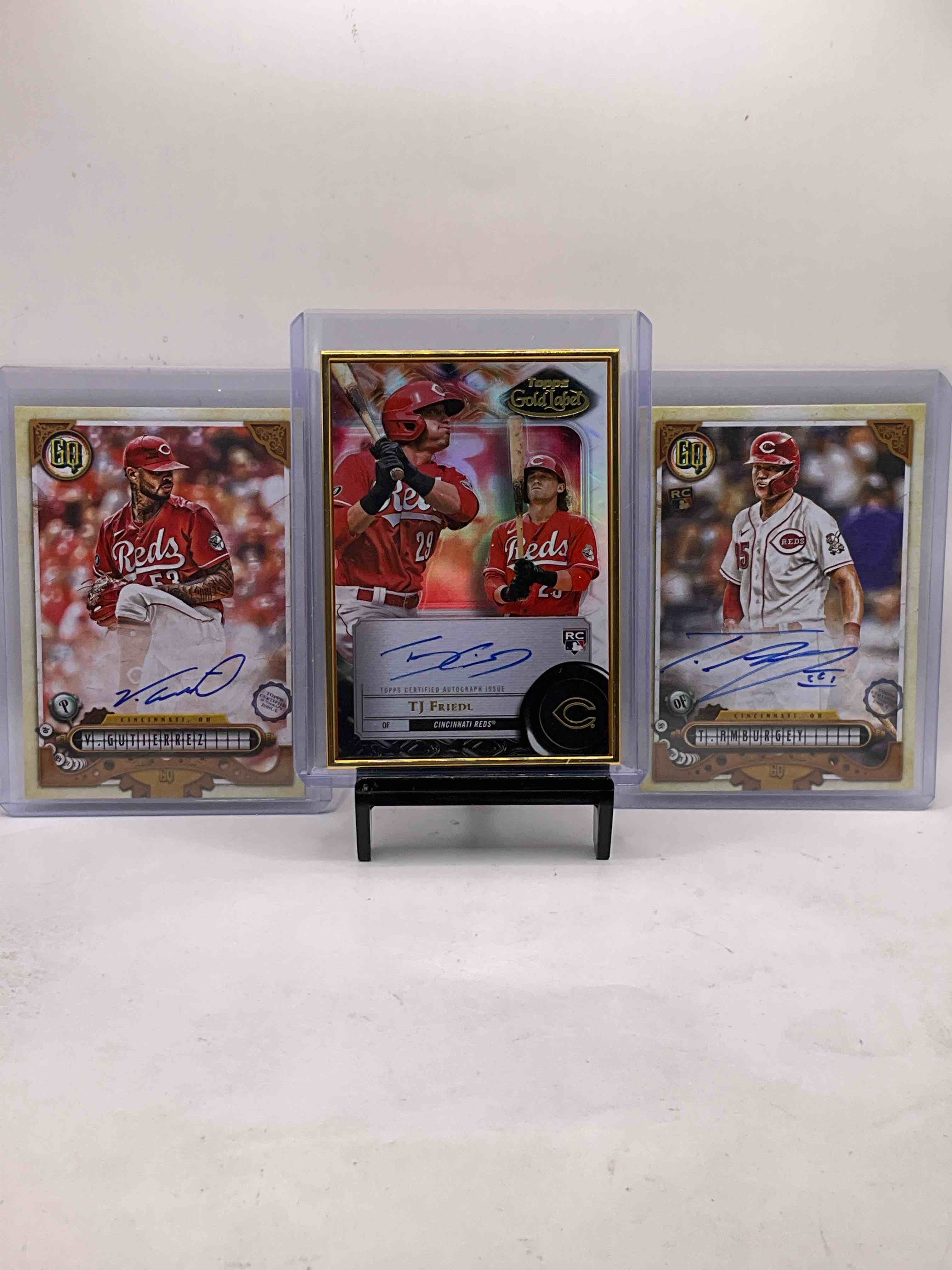 Topps Certified Reds THREE Signature Combo! 50 Card Reds Lot… Vintage & New! Metal Framed TJ Friedl Signed Rookie Card, V. Gutierrez Signed Card & T. Amburgey Signed Rookie… All Matching! De La Cruz Rookie As Well, Vintage & New Reds Lot!