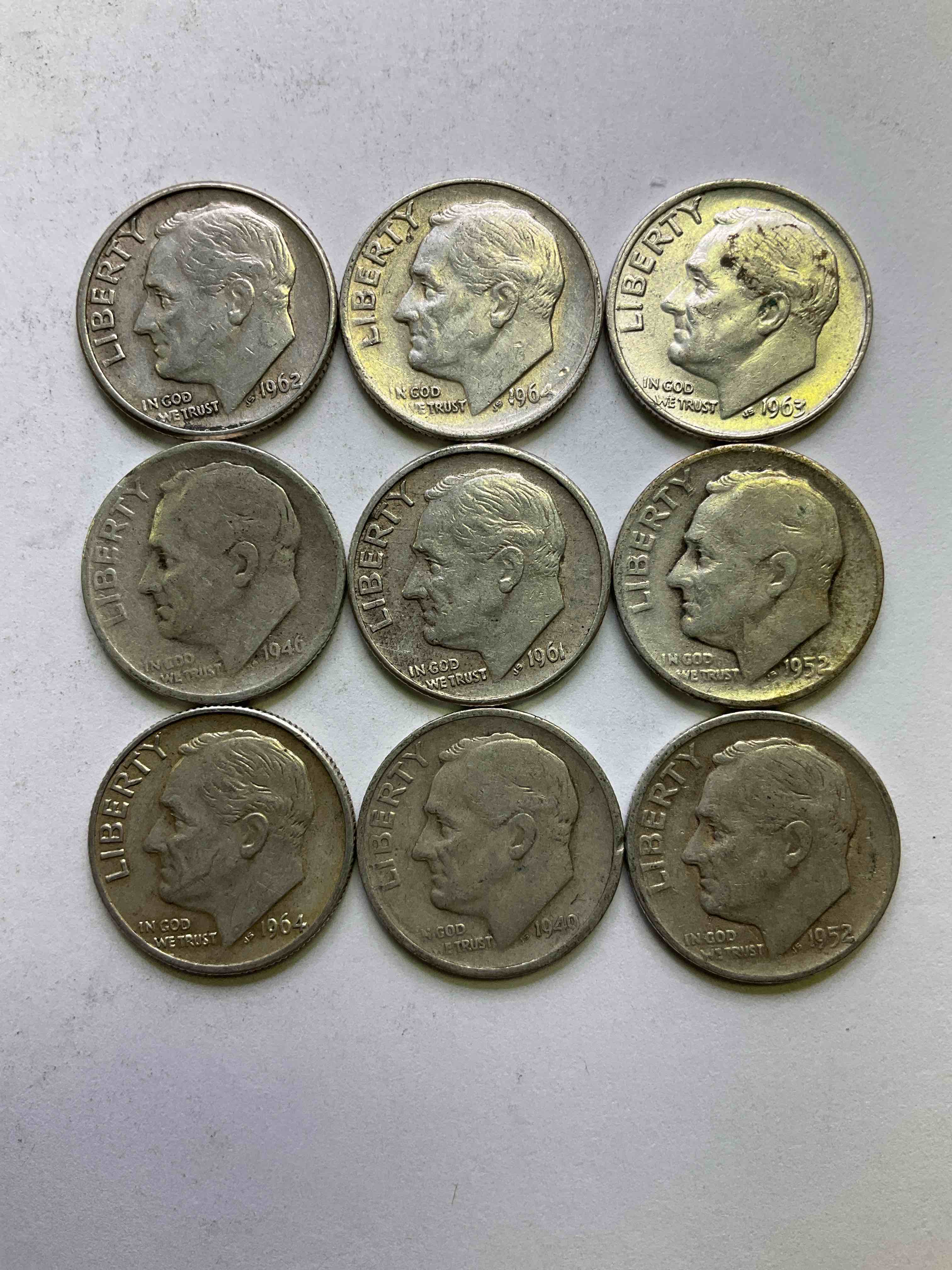 Antique U.S. Pure Fine Silver Roosevelt Dimes! Did You Know That Pre 1965 Roosevelt Dimes Are 90% Silver? Roosevelt Dimes Were First Minted In 1945 Upon The Death Of President Roosevelt, & Were Minted In Fine U.S. Silver Until 1965. Check Out These Awesome Examples, All In Nice, Circulated Condition With Visible Dates & Varying Pre 1965 Years! Rare To Have Visible Dates! Makes For A Great Investment In Precious Metals, Roosevelt Dimes Are 90% Pure Fine Silver! They Don't Make Em' Like This Anymore!