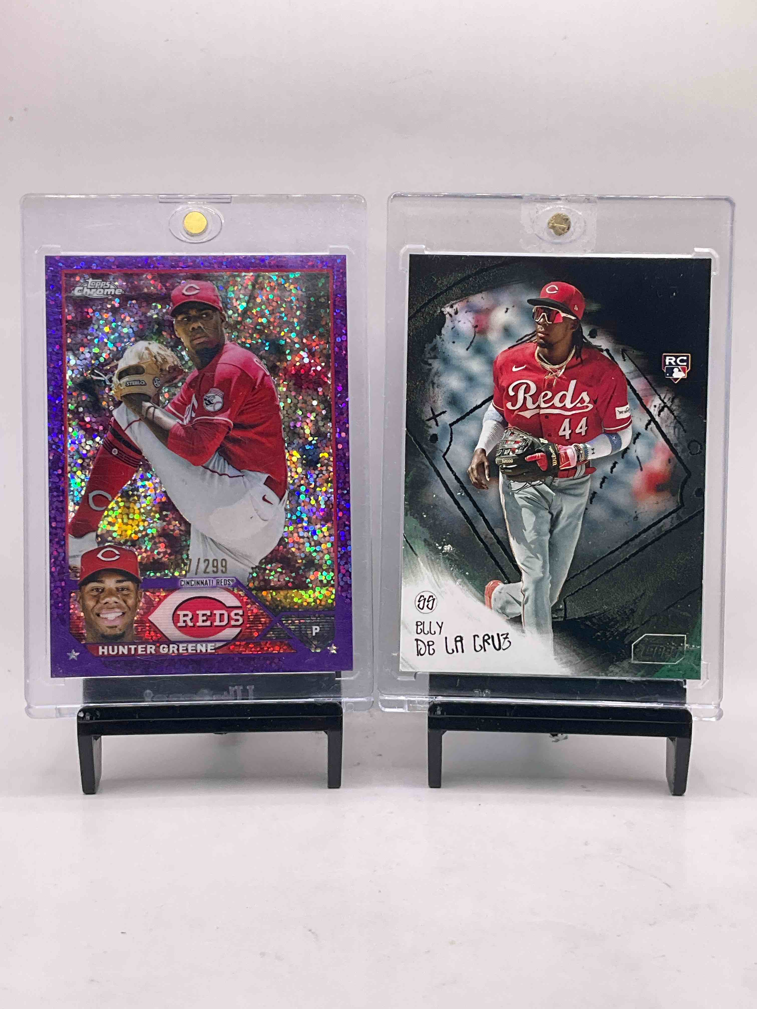 Hunter Greene & Elly De La Cruz Combo! 50 Card Reds! Hunter Greene Topps Chrome Purple Sparkle 017/299 & Elly De La Cruz Rookie Card 047/299 Crazy Duo! Joey Votto Jersey Card, Two De La Cruz Rookies, Vintage Reds Lot & More!