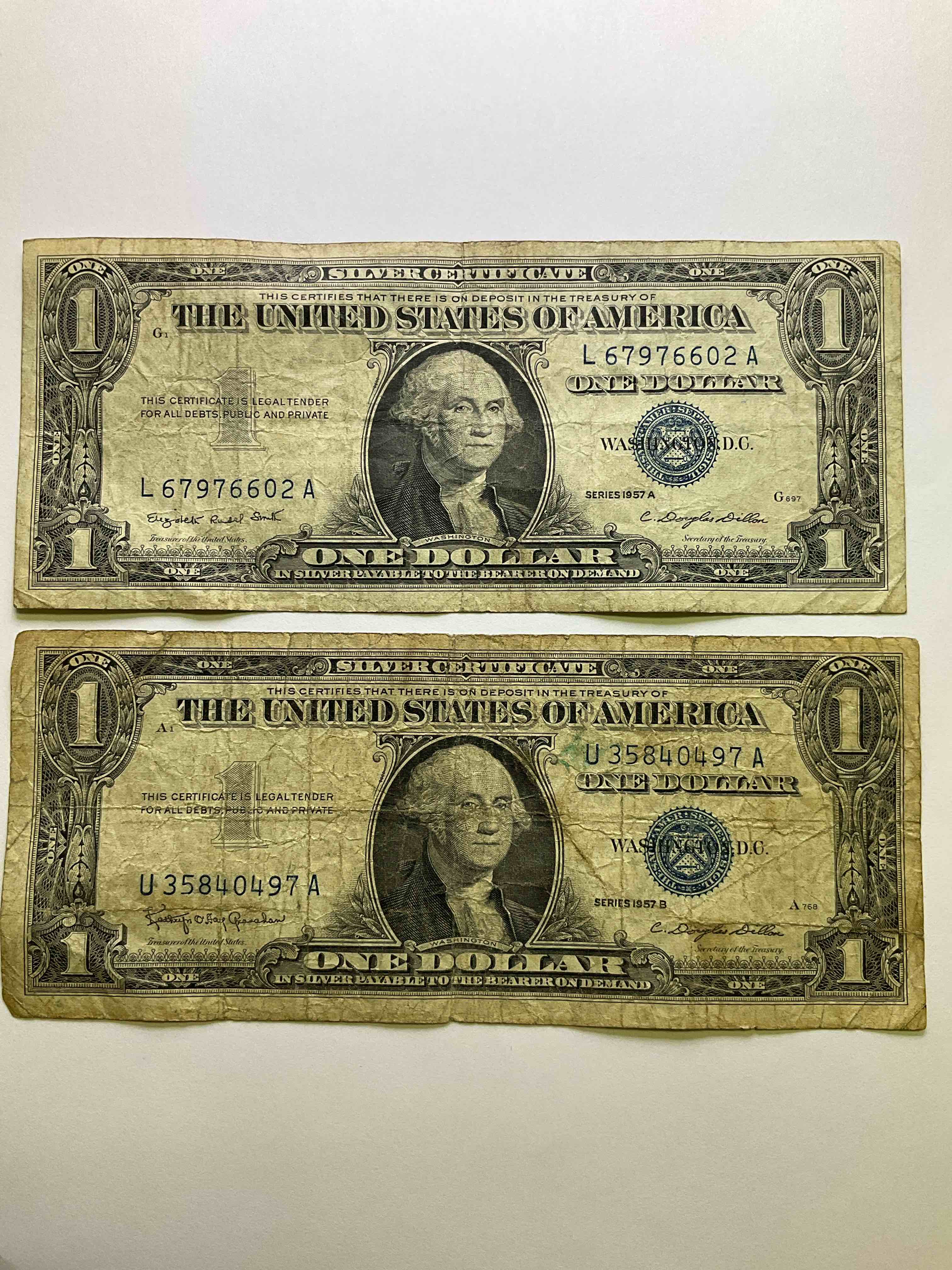 1957 Silver Certificates! Did You Know That Prior To 1964 One Dollar U.S. Paper Money Was Actually Redeemable For Silver Dollars?! Wow How Times Have Changed! Silver Certificates Were Produced From 1878 To 1964 & Are Still Considered Legal Tender At Face Value. Here Are Gorgeous, Circulated 1957 U.S. One Dollar Silver Certificate, With Highly Collectible "Blue Seal!* Own An Awesome Piece Of History!
