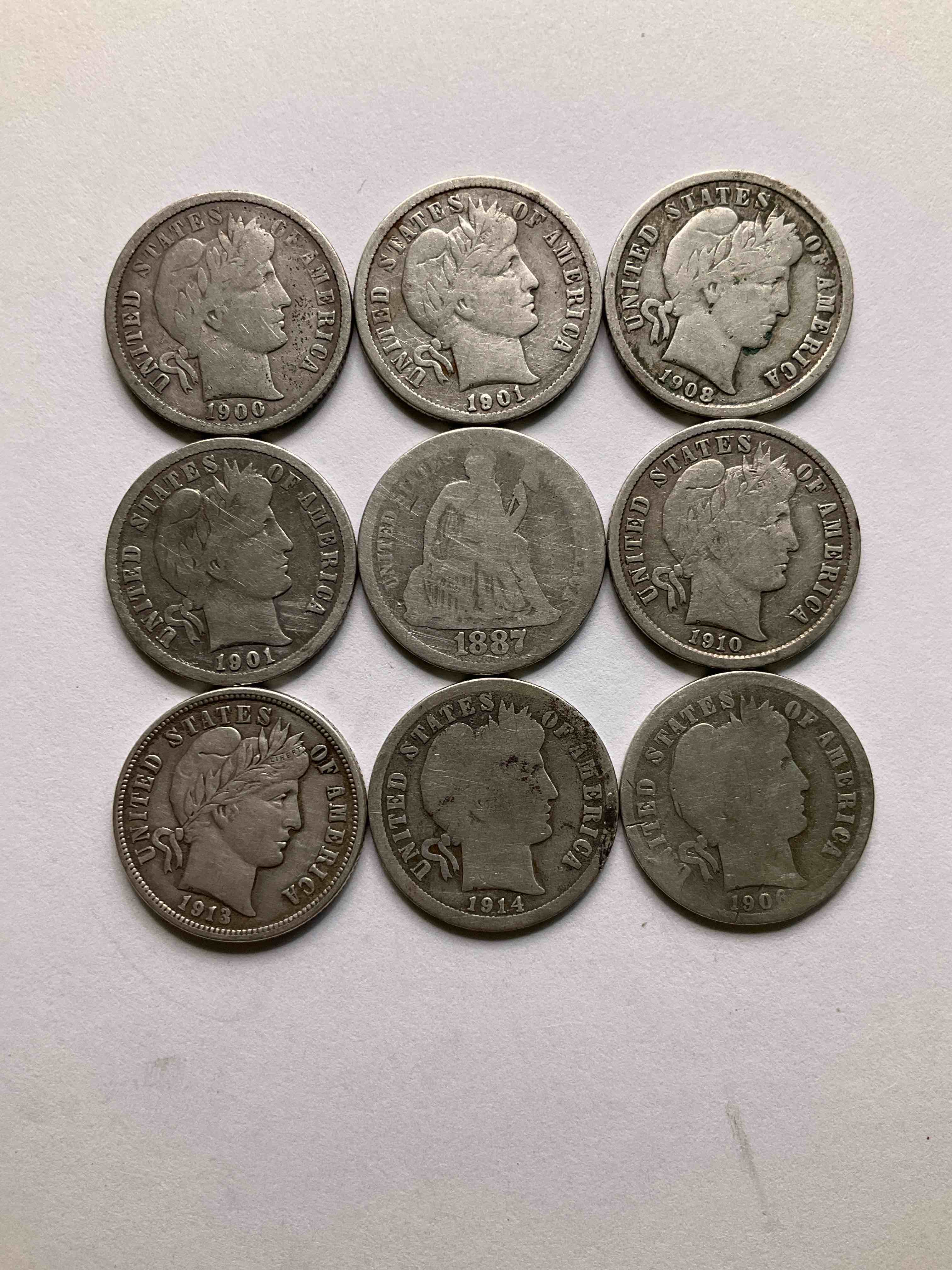 Antique Silver Barber Dimes! Plus, Silver 1887 Silver Seated Liberty Dime! Barber Dimes Were Minted From 1892 to 1916 & Are Serious, Fine Silver Collector Items! They Replaced Seated Liberty Dimes. Barber Dimes Are 90% Fine U.S. Silver & Are Getting Seriously Hard To Come By! Included 1887 Seated Liberty Dime Is A Rare Antique Silver Coin That Would Be Awesome To Add To Any Collection. Invest In U.S. Silver!