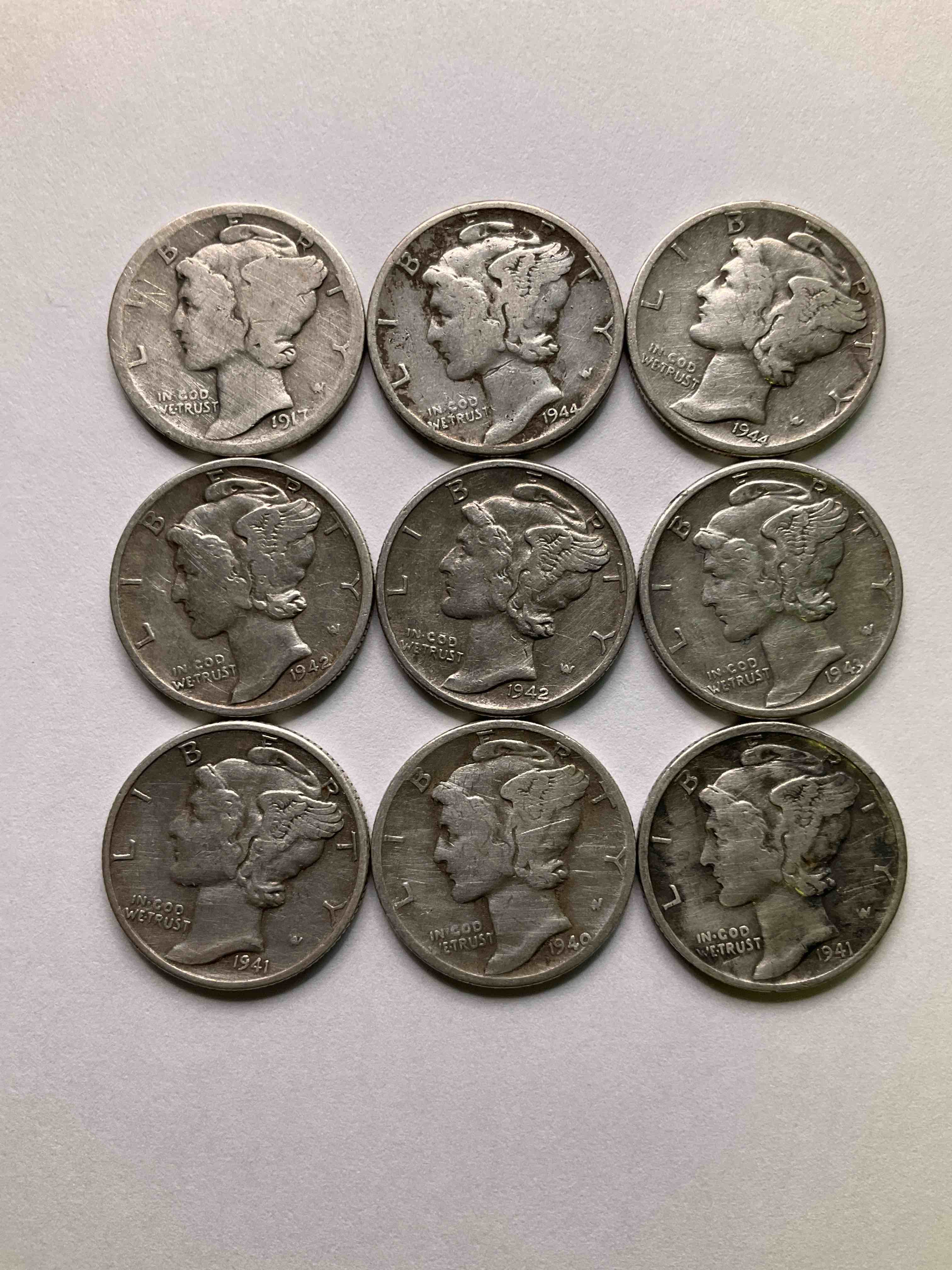 Antique U.S. Pure Fine Silver Mercury Dimes! Silver Mercury Dimes Were Minted From 1916-1945 & Have Become Serious Collector Items! Check Out These Awesome Examples, All In Nice, Circulated Condition With Visible Dates & Varying Years! Rare To Have Visible Dates! Makes For A Great Investment In Precious Metals, Mercury Dimes Are 90% Pure Fine Silver! They Don't Make Em' Like This Anymore!