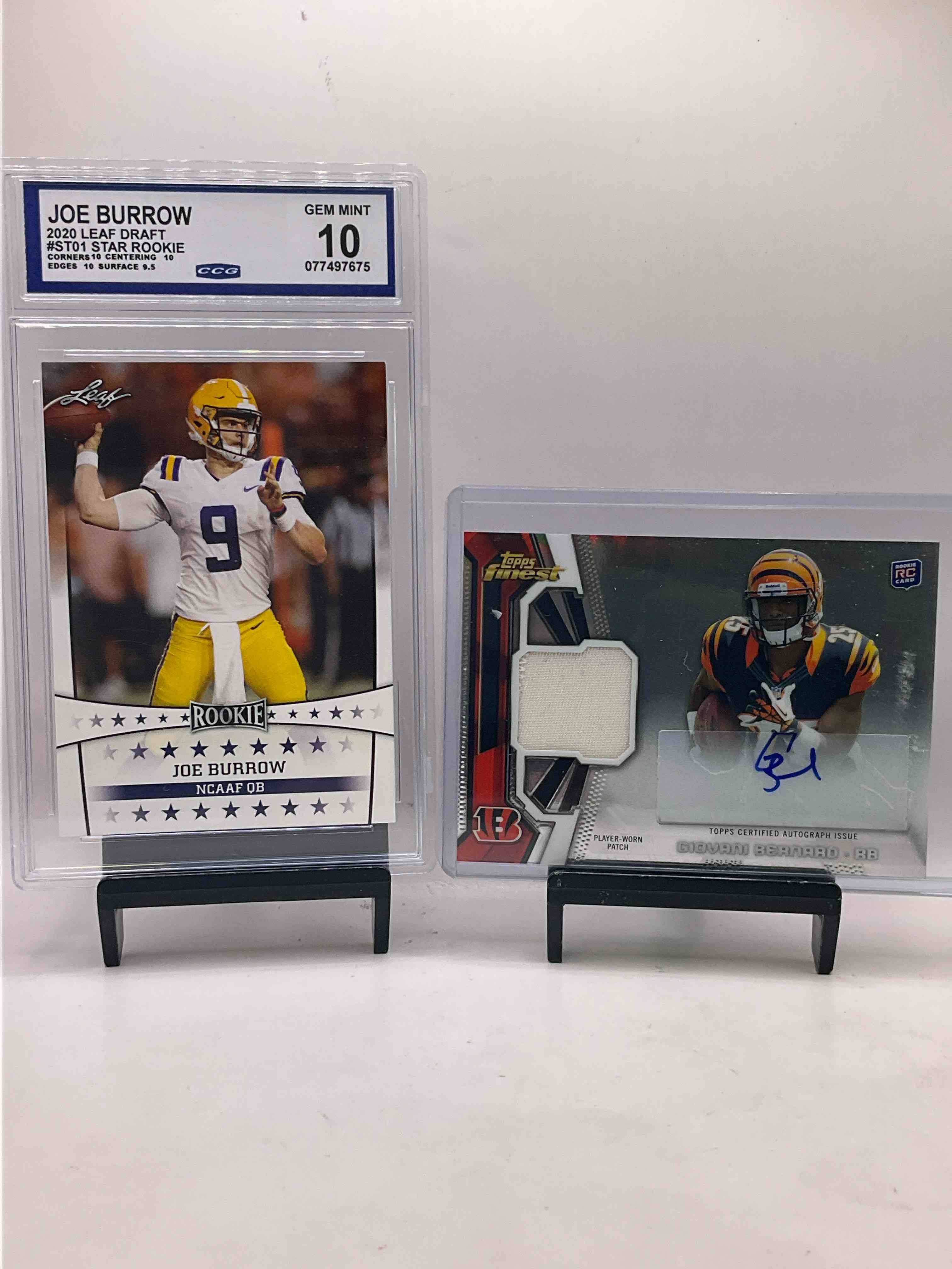 Bengals Bonanza! Joe Burrow Gem Mint 10 Rookie, Giovanni Bernard Player Worn Patch Topps Finest Signature Rookie Card, Optic Laser, Ja’marr Chase Purple Prizm Rookie, Orange Laser Prizm & More! Vintage & New Bengals!