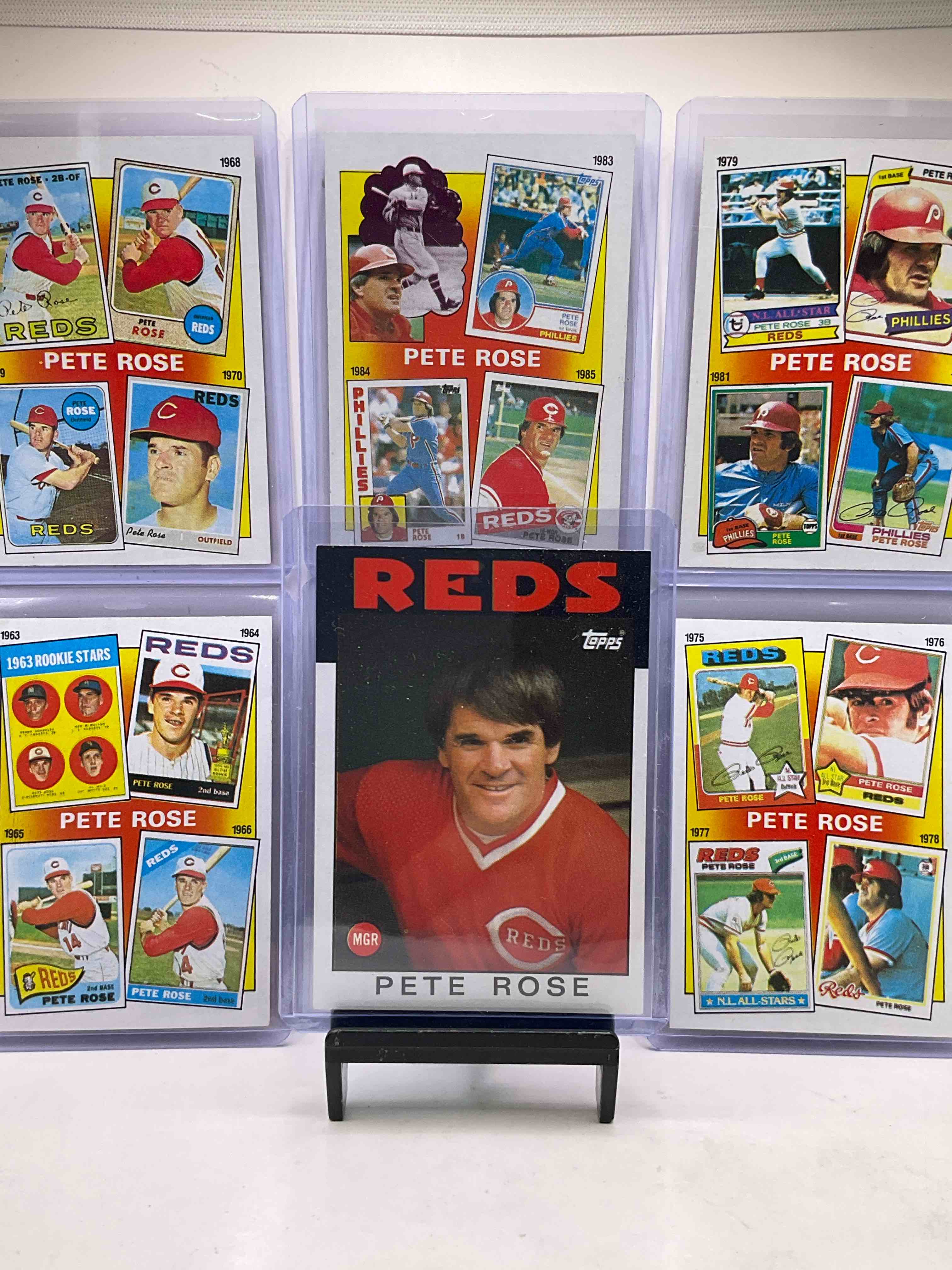 Pete Rose Seven Card Through The Decades Cards, Pictures From 1963-1985! Rare Picture Cards Throughout His Career! Insane Seven Card Combo!