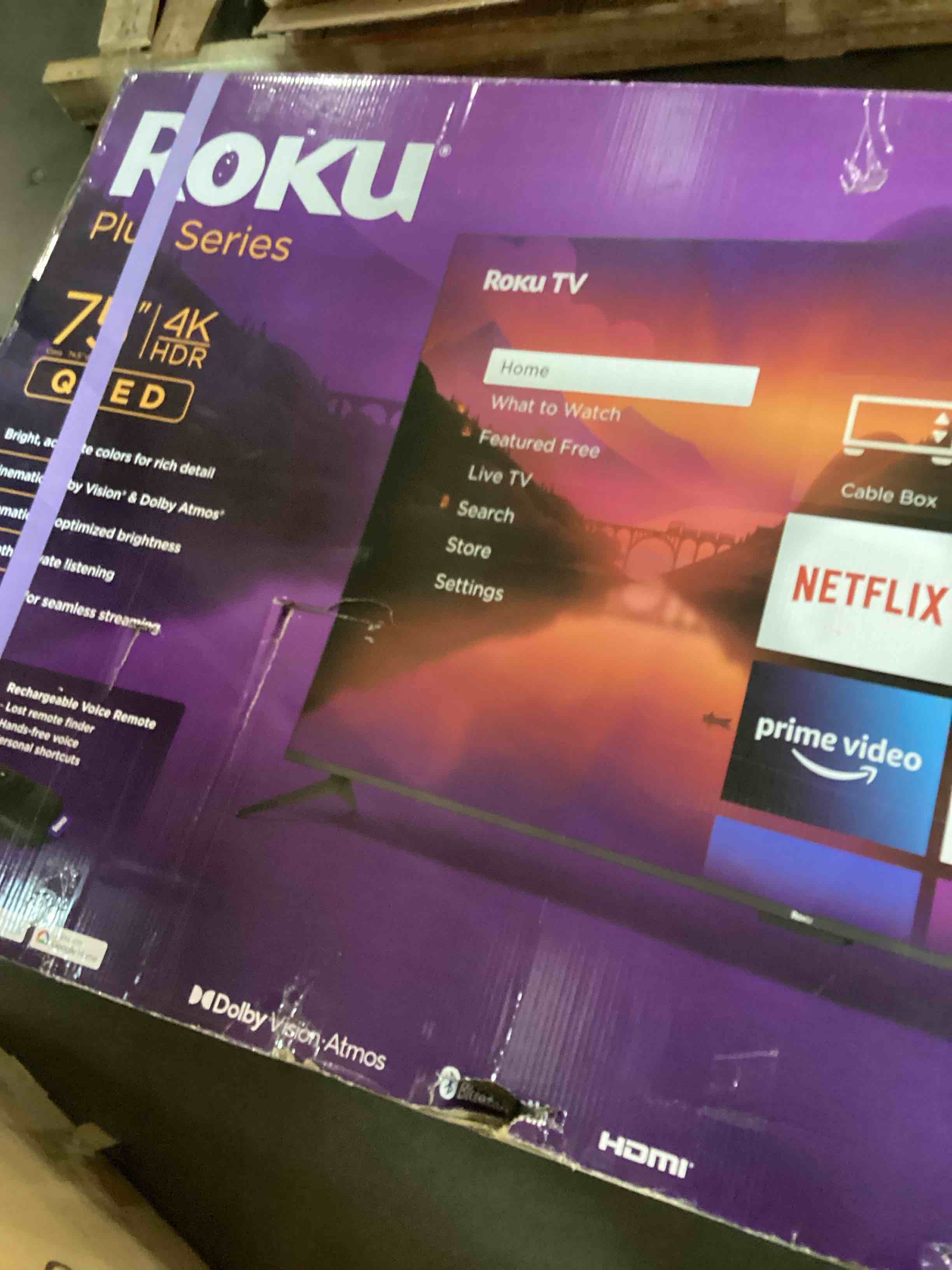 Condition photo showing As Is for Roku Smart TV – 75-Inch Plus Series 4K QLED RokuTV with Roku Voice Remote Pro, Dolby Vision, Striking 4K Resolution, Automatic Brightness, & Seamless Streaming – Live Local News & Sports 75"