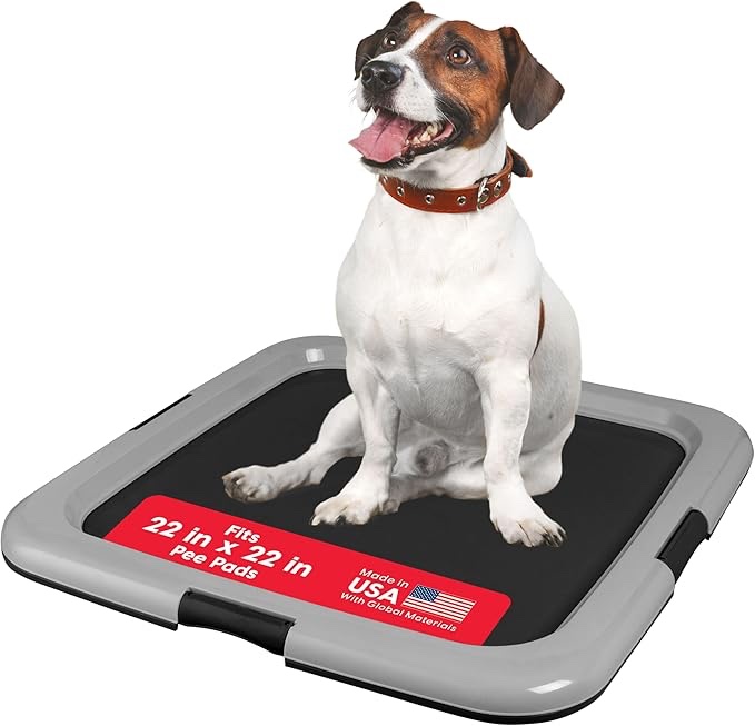IRIS USA Pee Pad Holder - for Regular Sized Dog and Puppy Pee Pads, Secured Latches, Non-Skid Feet, High Polish Finish for Easy Cleaning, Leak Protection, Fits 22\"x22\" Pad or Larger, Black/Gray