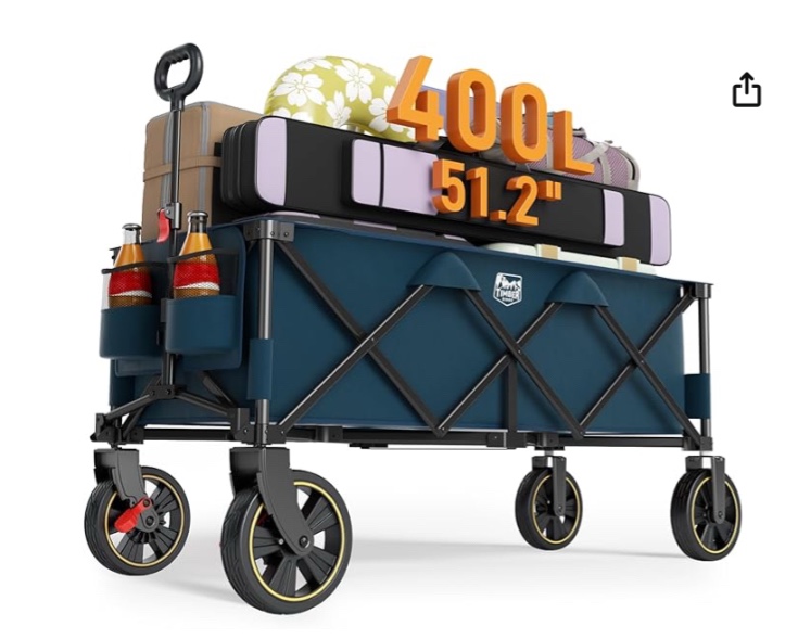 TIMBER RIDGE 51.2'' Extended Collapsible Wagon Cart with Brakes and Cargo Net, 350LBS Heavy Duty Foldable Utility Wagon with Adjustable Handle, 400L Capacity Portable Cart for Camping Sports Shopping