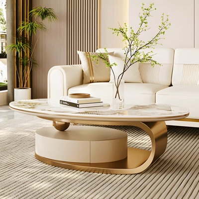 pre-assembly 51" modern oval coffee table, sintered stone top, gold base, drawer