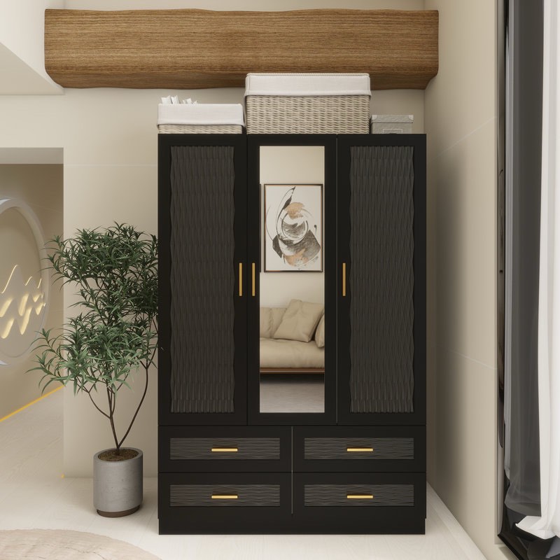 3-Door Solid Manufactured Wood Armoire with Mirroir, Black, 71“ H x 47" W x 20" D