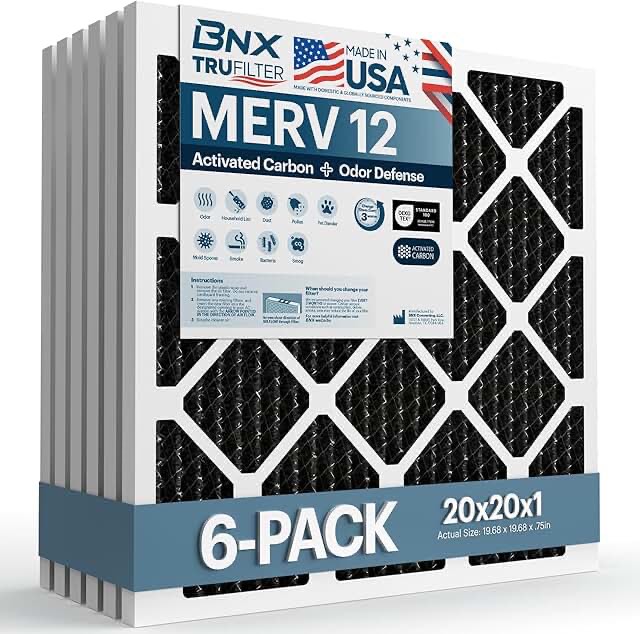 BNX TruFilter 20x20x1 MERV 12 Odor Defense (6-Pack) AC Furnace Air Filter with Activated Carbon - MA