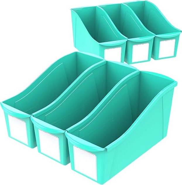 Storex Large Book Bin with label pockets, Teal 6 items