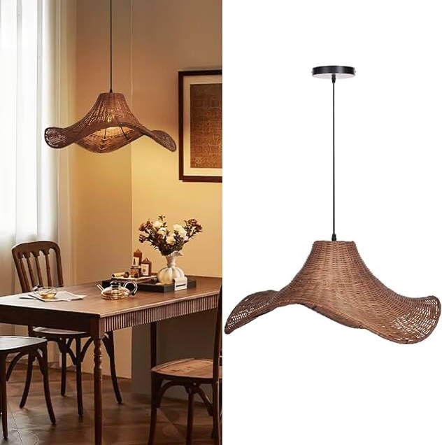 Arturesthome 1 Light Coffee Rattan Chandelier for Kitchen,23.6" Handwoven Pendant Lighting for Livin