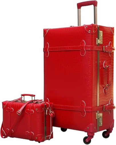 urecity Cute Vintage Look Lightweight Spinner Luggage Set of 2 Pieces, Travel Set includes a Tote Bag, Luxury Designer Retro Trunk Luggage (26"+12", Red)
