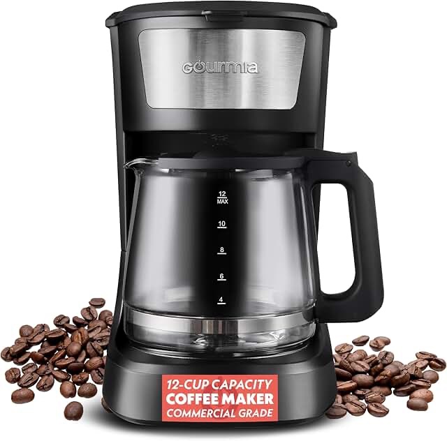 gourmia 12 cup one-touch coffee maker – pause and serve with automatic keep warm, easy view water window, compact design, stainless steel accents, black
