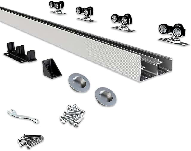 jubest bypass door hardware 60", aluminum sliding closet door hardware set with finger pull included, smoothly and quietly, for 2 door system, fit door thickness 1 3/8" or 1 3/4", easy to install